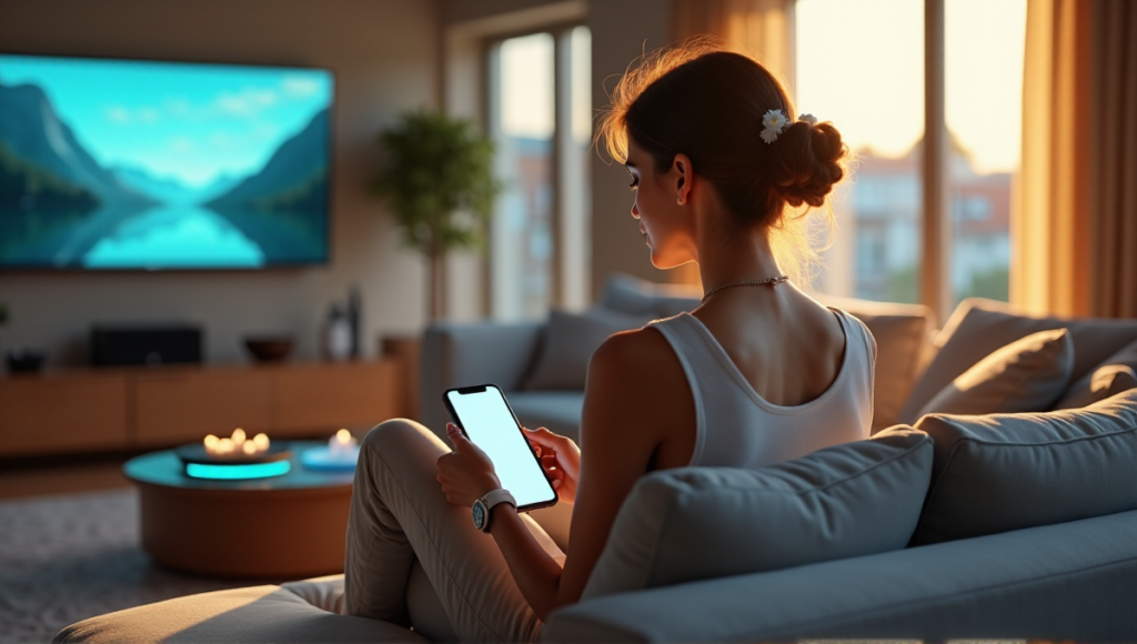"A serene woman sits on a gray couch surrounded by wellness tech gadgets, holding a smartphone with an open wellness app, near a meditation bowl emitting soft blue light."
