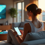 "A serene woman sits on a gray couch surrounded by wellness tech gadgets, holding a smartphone with an open wellness app, near a meditation bowl emitting soft blue light."