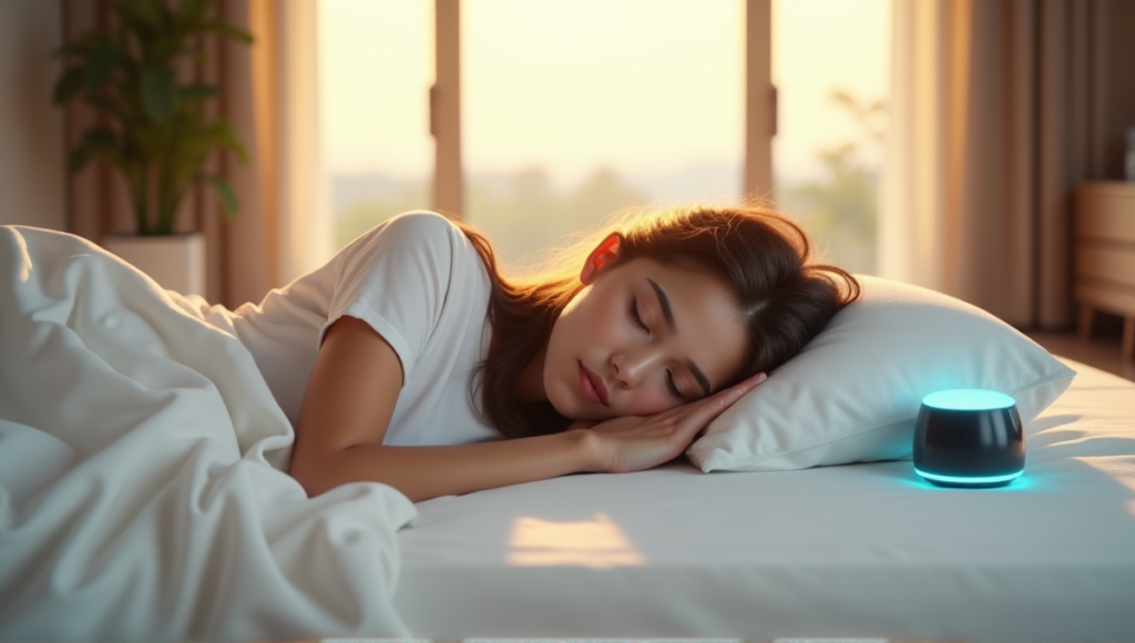 "A young adult lies comfortably on a plush white bed surrounded by sleep technology gadgets in a serene bedroom with soft golden hour light."