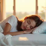 "Zenon's Picks for Smarter Sleep Tech: Transforming Nights into Restful Ones" "A young adult lies comfortably on a plush white bed surrounded by sleep technology gadgets in a serene bedroom with soft golden hour light."