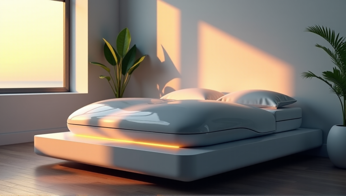 A serene bedroom at dawn featuring a sleek smart sleep system atop a minimalist bedframe, surrounded by natural light and calming decor, showcasing wellness tech in a peaceful environment.