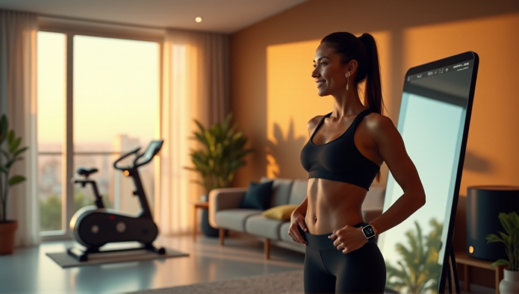 "A woman stands confidently in a modern home gym surrounded by wellness tech gadgets, including a smart mirror displaying fitness metrics and an exercise bike with a large touchscreen display."