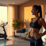 "Unlock a Healthier Tomorrow with Top Wellness Gadgets and Tech Innovations for Optimal Balance and Fitness" "A woman stands confidently in a modern home gym surrounded by wellness tech gadgets, including a smart mirror displaying fitness metrics and an exercise bike with a large touchscreen display."