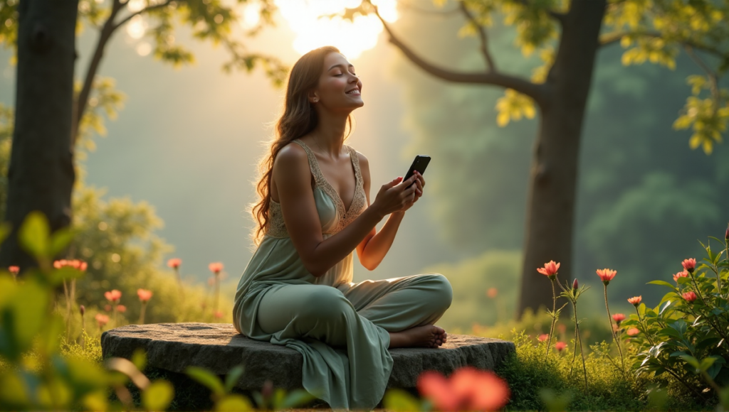 "A serene woman sits on a natural stone bench amidst lush greenery, surrounded by vibrant flowers and trees, with her eyes closed and a gentle smile, holding an iPhone displaying wellness apps, set against a misty forest landscape at dawn."