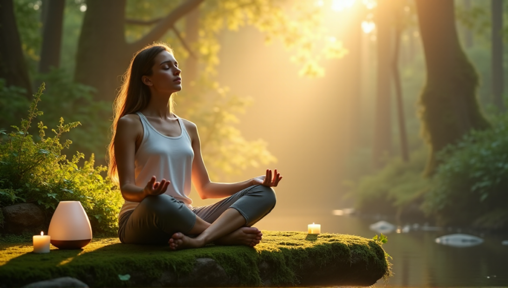 "A serene woman sits cross-legged on a moss-covered bench amidst lush greenery, surrounded by wellness tech devices like essential oil diffusers, weighted blankets, and calming candles in a misty forest."