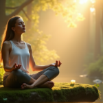 Stay Grounded with Zenon's Top Stress Relief Devices for a Calmer Mind "A serene woman sits cross-legged on a moss-covered bench amidst lush greenery, surrounded by wellness tech devices like essential oil diffusers, weighted blankets, and calming candles in a misty forest."