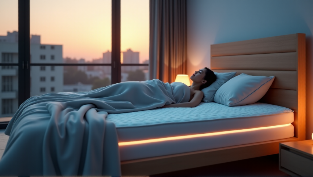 "A serene bedroom at dusk featuring a high-tech sleep system with temperature control, white noise generator, and LED lights integrated into a minimalist bed frame, promoting wellness tech and relaxation."