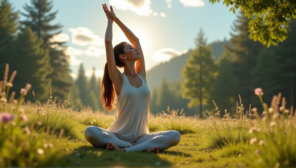 "A serene woman practices yoga in a tranquil forest clearing surrounded by lush greenery and vibrant wildflowers, embodying wellness through mindfulness and technology integration."