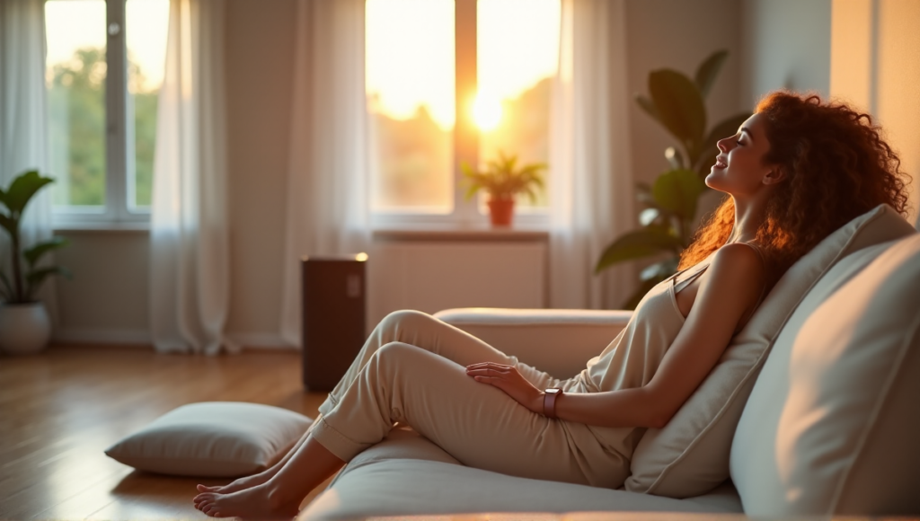 "A serene woman sits on a cream-colored couch in a minimalist living room surrounded by wellness gadgets, showcasing her connection to wellness tech."