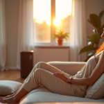 Elevate Your Wellbeing with Top Wellness Gadgets for a Smarter, Happier You "A serene woman sits on a cream-colored couch in a minimalist living room surrounded by wellness gadgets, showcasing her connection to wellness tech."