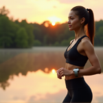 Stay Motivated with Advanced Health Monitoring Wearables for Optimal Wellness and Balance "A young woman wearing a sleek health monitoring wearable on her wrist stands confidently in front of a serene lake at sunrise, surrounded by lush greenery and majestic trees."