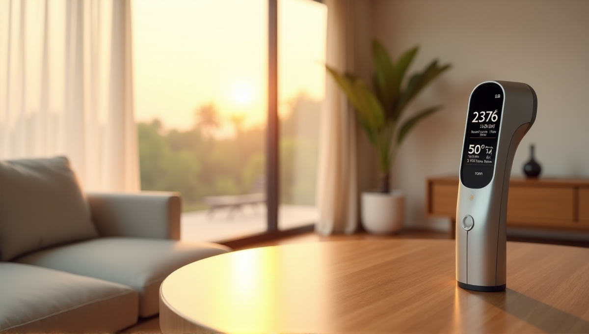 A sleek smart thermometer on a minimalist wooden table in a well-lit living room with soft natural light, showcasing modern wellness tech and health metrics display.