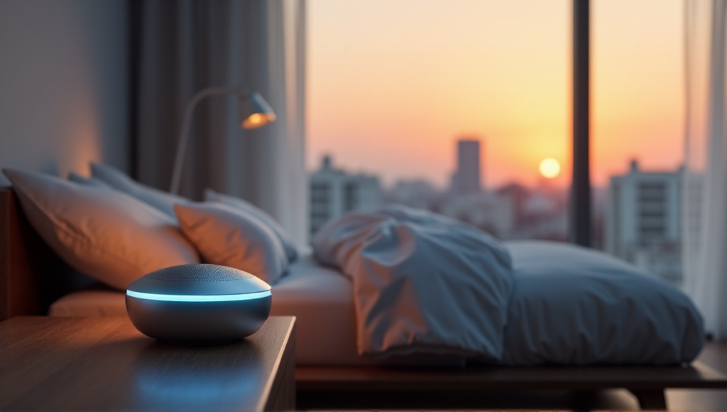 "A serene bedroom scene featuring a sleek smart sleep tracker device emitting a soft blue glow on a minimalist nightstand amidst golden hour light, promoting wellness."