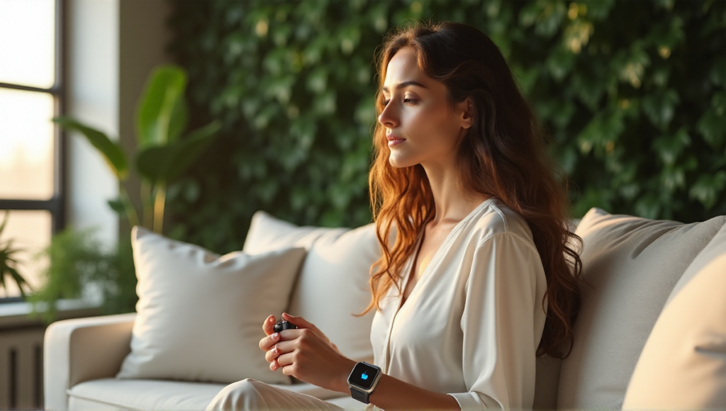 "A serene woman sits on a couch surrounded by wellness-themed gadgets, including a smartwatch and fitness tracker, amidst lush greenery and natural light."