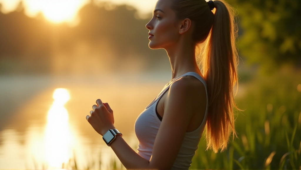 "A young woman stands near a serene lake at dawn, wearing a sleek silver smartwatch with high-resolution display, surrounded by lush greenery, embodying wellness tech in a peaceful outdoor setting."