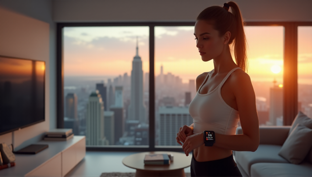 "A young woman stands confidently in a modern living room, wearing a sleek black sports watch on her left wrist, showcasing various fitness metrics on its high-resolution display."