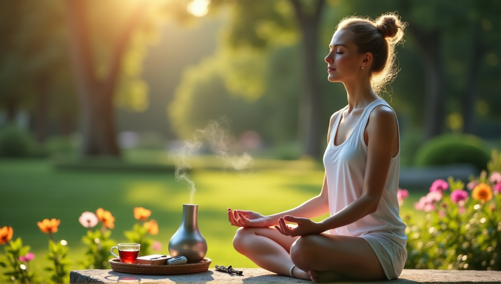 "A serene woman meditates in a lush garden with wellness tech gadgets: meditation timer, essential oil diffuser, mindfulness journal, and herbal tea."