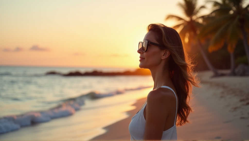 "A serene woman stands confidently on a tranquil beach at sunset, wearing a sleek black fitness tracker and smart glasses, exuding calm balance and inner peace."