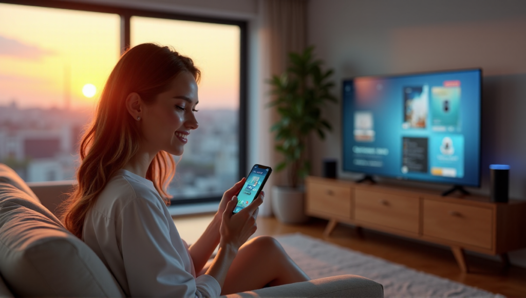 "A woman sits on a beige couch surrounded by smart devices in a serene living room with soft natural light and cityscape background."