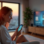 "Unlock Smarter Living with Top Smart Devices for a Balanced Life" "A woman sits on a beige couch surrounded by smart devices in a serene living room with soft natural light and cityscape background."