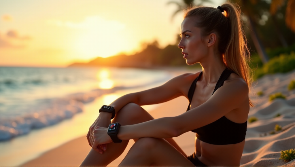 "A young woman sits on a serene beach at sunset, wearing fitness trackers with vibrant LED lights, exuding determination and pride in her athletic build."