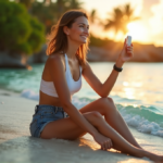 "Unlock Optimal Health with Top Wellness Apps and Gadgets That Deliver Results" "A young woman sits on a serene beach at sunrise, surrounded by lush greenery, holding wellness tech gadgets, exuding inner peace and determination."