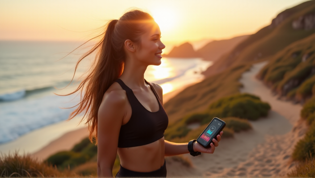 "A young woman stands on a rugged coastal trail at sunrise, wearing a sleek black sports outfit and holding a smart activity tracker device displaying her fitness progress."
