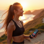 "A young woman stands on a rugged coastal trail at sunrise, wearing a sleek black sports outfit and holding a smart activity tracker device displaying her fitness progress."