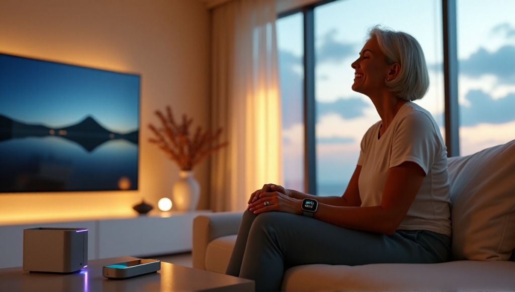 "A serene woman relaxes on a couch surrounded by wellness tech devices, including a smartwatch, air purifier, and fitness tracker, amidst a calming nature scene."