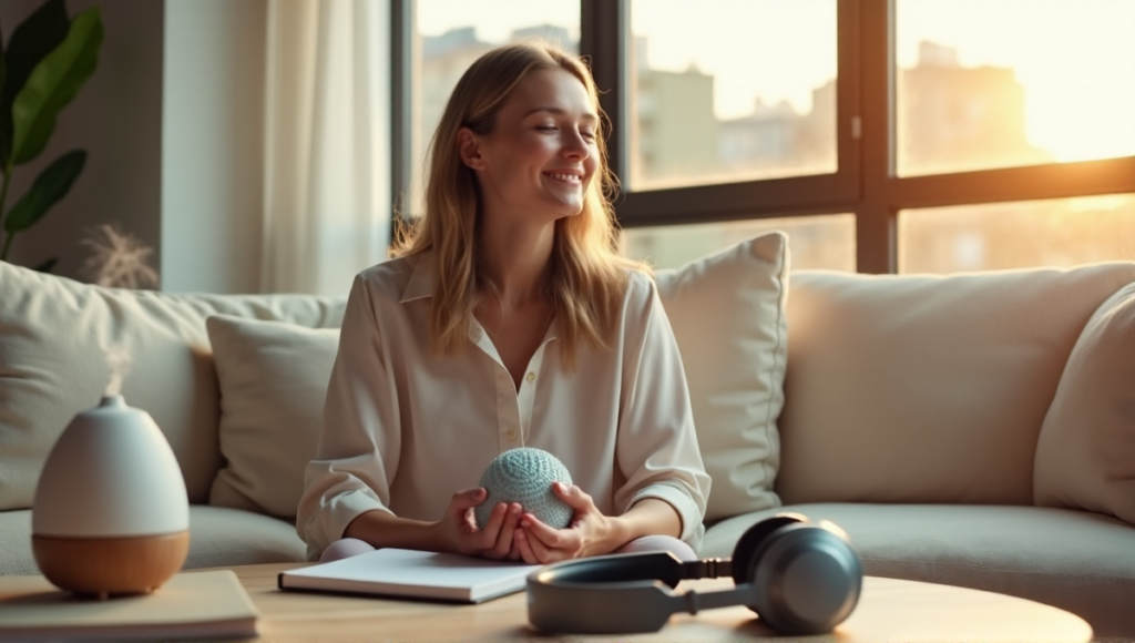 "A serene woman sits on a cream-colored couch surrounded by mental wellbeing gadgets, including a meditation timer, mindfulness journal, essential oil diffuser, noise-cancelling headphones, and stress ball in a peaceful living room setting."