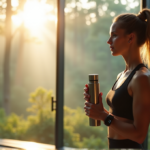 "A woman stands confidently in front of a modern wellness center, surrounded by serene forest views, wearing fitness trackers and holding portable oxygen concentrator and UV purified water bottle."