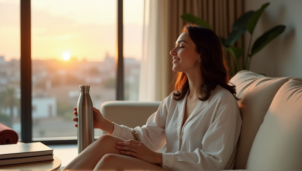 "A serene woman sits on a cream-colored couch, surrounded by wellness books, yoga mat, and fitness gadgets, exuding calm contentment with closed eyes."