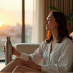 "A serene woman sits on a cream-colored couch, surrounded by wellness books, yoga mat, and fitness gadgets, exuding calm contentment with closed eyes."