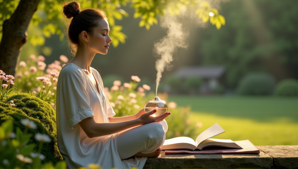 "A serene woman sits on a moss-covered bench in a tranquil garden, surrounded by lush greenery and flowers, using an essential oil diffuser amidst wellness tech."