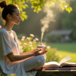 From Stress Relief to Better Focus: Essential Mental Wellbeing Gadgets for a Calmer Mind and Balanced Life "A serene woman sits on a moss-covered bench in a tranquil garden, surrounded by lush greenery and flowers, using an essential oil diffuser amidst wellness tech."