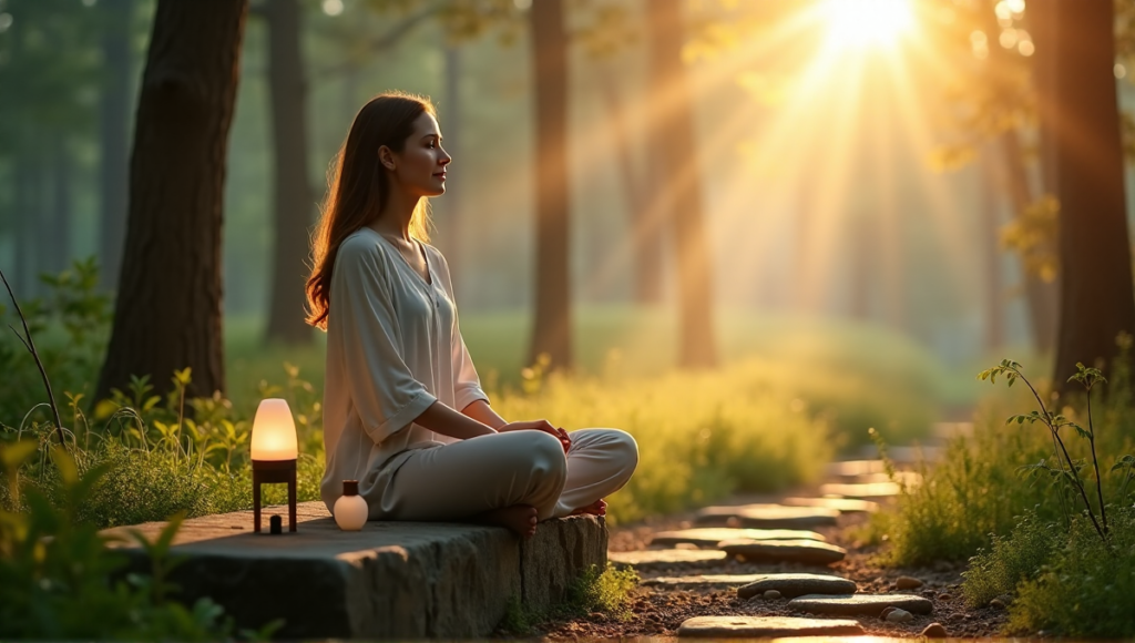 "A serene woman sits on a natural stone bench in a tranquil forest clearing at dawn, surrounded by wellness tech devices for stress relief."