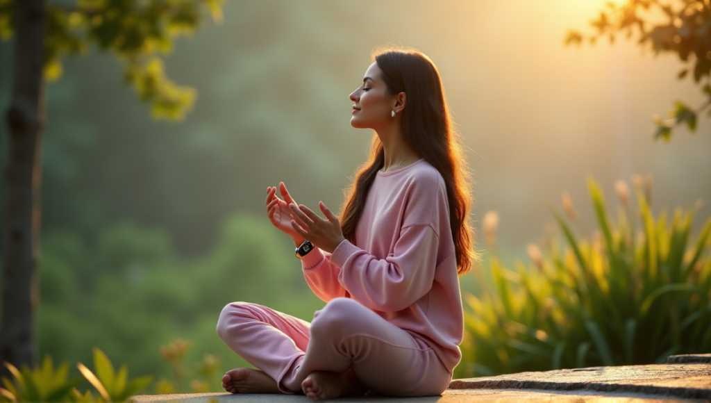 "A serene woman sits on a natural stone bench surrounded by lush greenery, using wellness tech to promote mental wellbeing."
