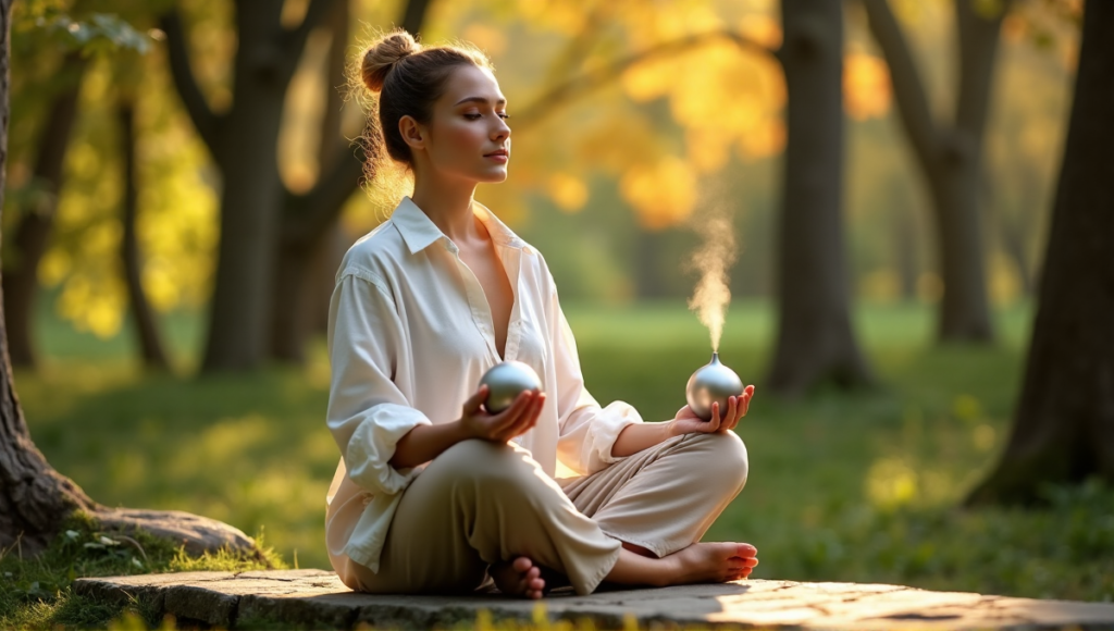 "A serene woman sits on a natural stone bench in a lush forest, surrounded by autumn foliage, using wellness tech devices like an essential oil diffuser and meditation ball."