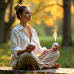 "Zenon's Guide to Stress-Free Living: Unlock Calmness with Best Stress Relief Devices" "A serene woman sits on a natural stone bench in a lush forest, surrounded by autumn foliage, using wellness tech devices like an essential oil diffuser and meditation ball."