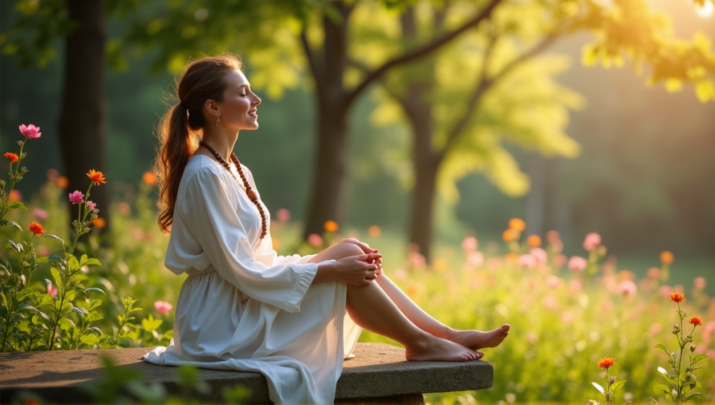 "A serene woman sits on a natural stone bench in a lush forest, surrounded by tall trees and vibrant wildflowers, exuding effortless wellness amidst nature's tranquility."