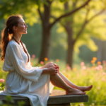 "A serene woman sits on a natural stone bench in a lush forest, surrounded by tall trees and vibrant wildflowers, exuding effortless wellness amidst nature's tranquility."