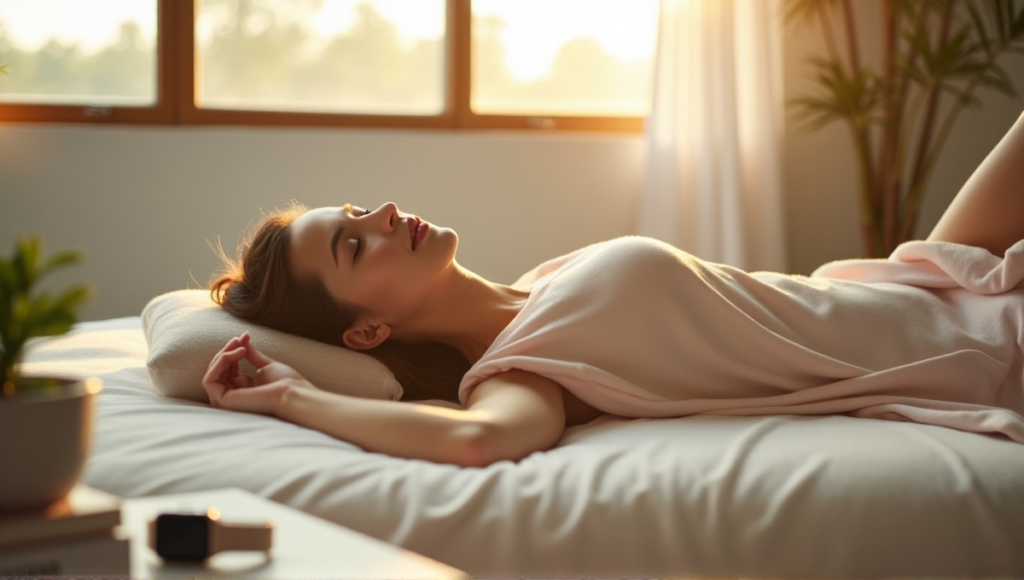 A serene woman rests on a cream-colored mattress in a minimalist bedroom with wellness objects, surrounded by soft natural light, conveying relaxation and calmness associated with wellness tech.