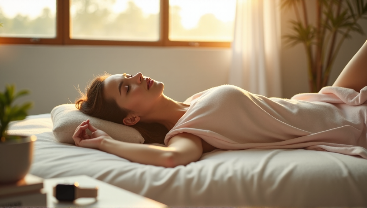 A serene woman rests on a cream-colored mattress in a minimalist bedroom with wellness objects, surrounded by soft natural light, conveying relaxation and calmness associated with wellness tech.