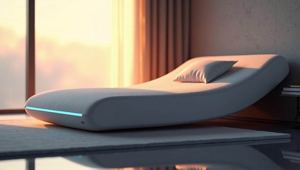 "A serene bedroom scene featuring a sleek, silver smart mattress with LED glow, surrounded by minimalist decor and natural light, showcasing innovative wellness tech."