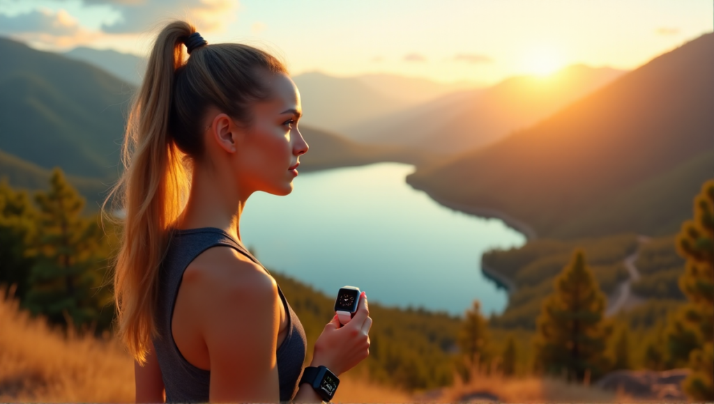 "A young woman stands on a hill overlooking a serene lake at sunrise, wearing a sleek sports watch and holding a fitness tracker, conveying determination amidst breathtaking natural scenery."
