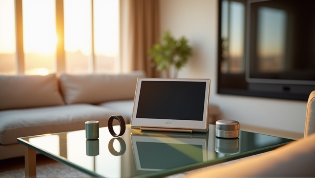 "A serene living room featuring a silver smart health monitor and various wellness devices, showcasing cutting-edge wellness tech."
