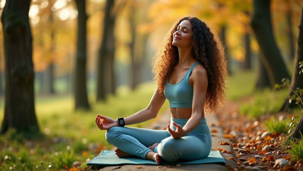 "A serene woman sits on a natural stone bench in a lush forest surrounded by autumn foliage, incorporating wellness tech gadgets amidst a peaceful atmosphere."