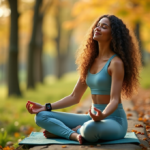 "Unlock Optimal Health with Top Wellness Tech Innovations: Essential Gadgets for Effortless Balance and Optimal Wellbeing" "A serene woman sits on a natural stone bench in a lush forest surrounded by autumn foliage, incorporating wellness tech gadgets amidst a peaceful atmosphere."