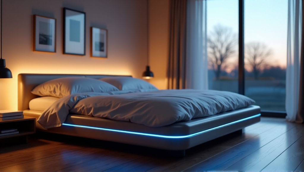 "A serene bedroom at dusk featuring a sleek smart bed with integrated touchscreen display and subtle LED lighting, surrounded by minimalist decor and natural light, showcasing wellness tech solutions for improved sleep."