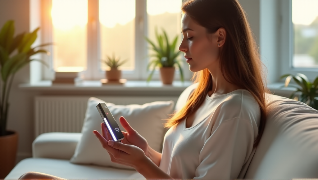 "A serene woman sits on a minimalist couch, holding a sleek silver stress-relief device with a soft blue glow, surrounded by natural light and calming plants."